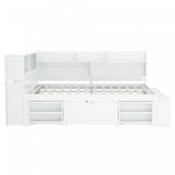 Banquette-lit multifonction Ethan avec rangement integre, tiroirs et bibliotheque, taille full, blanc