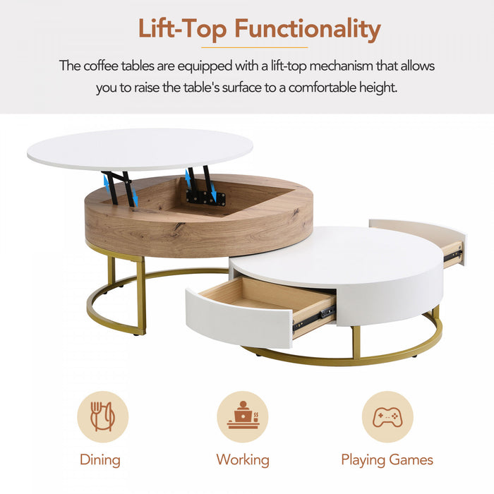 Table Basse Gigogne Ronde Sherry De 31,5\" En Bois Composite Avec Plateau Relevable Et Tiroirs, Blanche