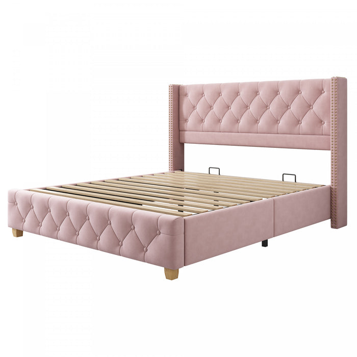 Lit plateforme en lin Haley avec tete de lit a ailes classiques et capitonnage en diamant, taille Full, rose
