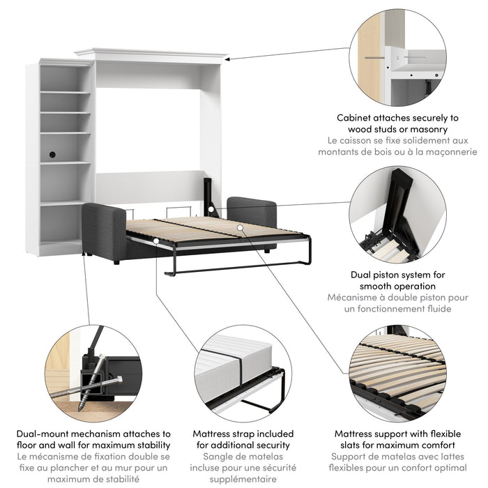Grand lit escamotable Versatile de Bestar de 97 po (L) avec sofa et organisateur de garde-robe - blanc