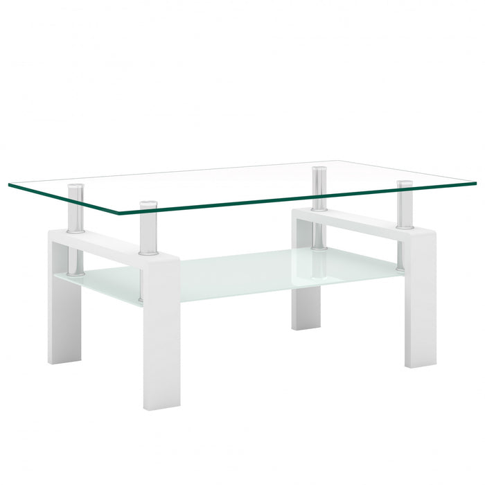 Table basse moderne rectangulaire en verre trempe transparent Liam, avec pieds blancs