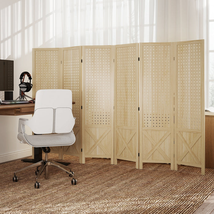 HOMCOM Paravent 6 Panneaux de 4.7 pi avec Panneau Perfore, Bois Naturel