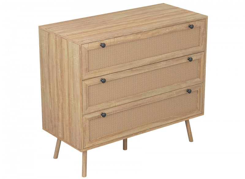 Commode verticale de rangement avec 3 tiroirs - apparence de bois brun naturel 