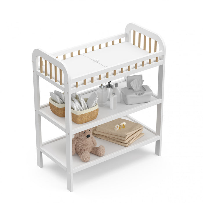 Table a langer Storkcraft Pasadena avec matelas a langer resistant a l’eau – Blanc/Bois flotte