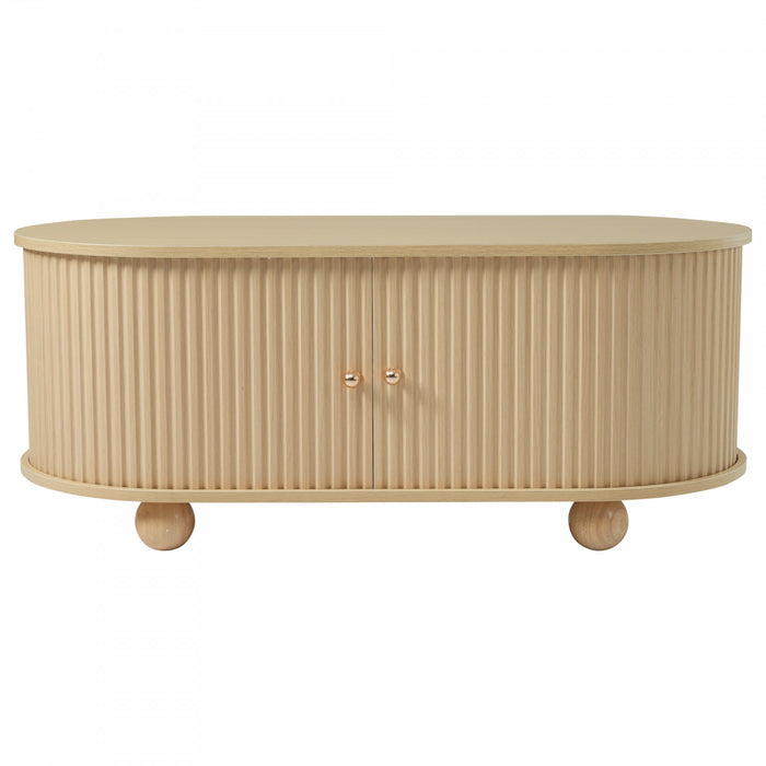 Ethan table basse ovale – table basse avec portes coulissantes et rangement cache, bois naturel