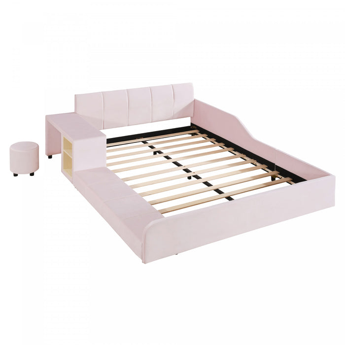 Lit Lily en velours rembourre avec bureau et tabouret, taille Queen, rose