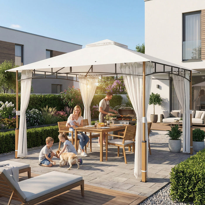 Outsunny Tonnelle de Patio 3,6 x 3 m, Double Toit avec Moustiquaire, Blanc Creme