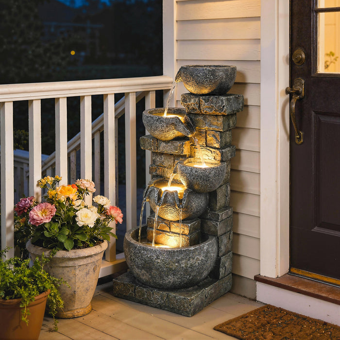 Outsunny Fontaine d'Exterieur a 5 Niveaux avec Lumieres LED pour Jardin, Gris