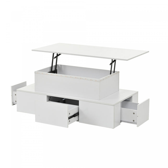 Daniel table basse relevable – table basse avec eclairage LED et 4 tiroirs, blanc