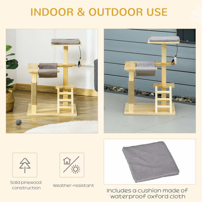Pawhut Arbre A Chat Centre D'activites Multi-equipe Griffoirs En Jute Plate-formes Echelle Hamac Coussin Inlus Interieur Exterieur Bois De Pin Dim. 19\"l X 19\"l X 30.75\"h Bois Naturel Gris