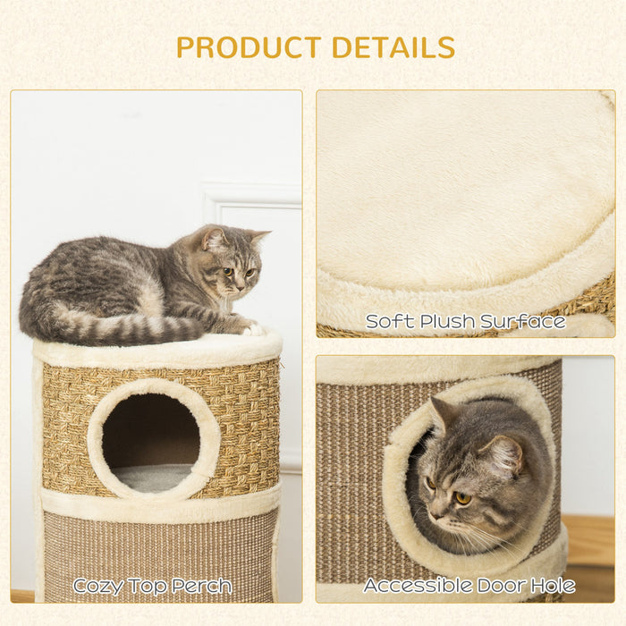 Pawhut Tour A Chat 3 Etages A Trois Trous Avec Surface De Couverture A Gratter En Sisal Et Algues, Tour A Chat Pour Chats D'interieur, 15 \"x 28\", Kaki Et Marron