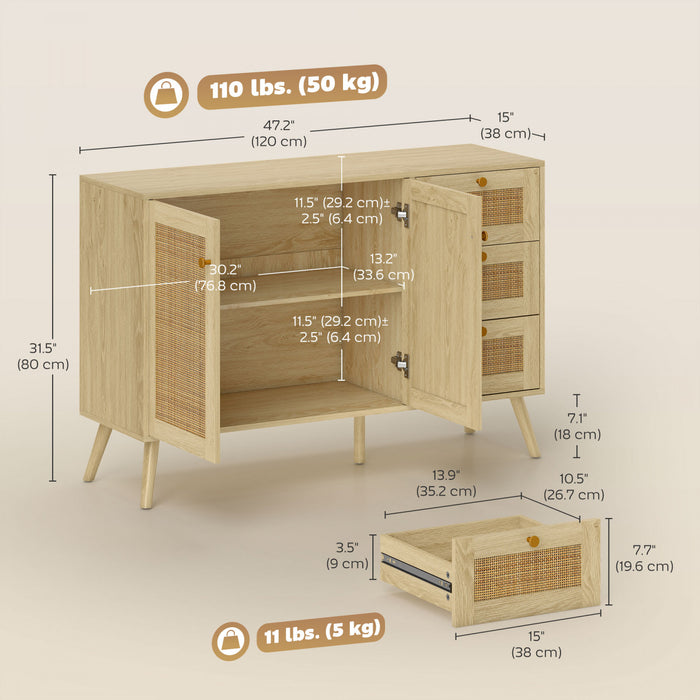 HOMCOM Buffet en rotin 47\" avec portes a fermeture amortie, naturel