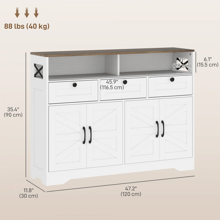 HOMCOM Buffet avec 4 portes de grange et 3 tiroirs, blanc