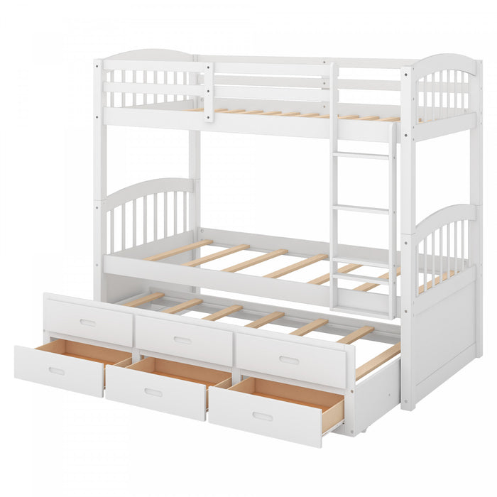 Sean – Lit Superpose Convertible En Bois Massif Avec Lit Gigogne Et Tiroirs, Format Simple, Blanc