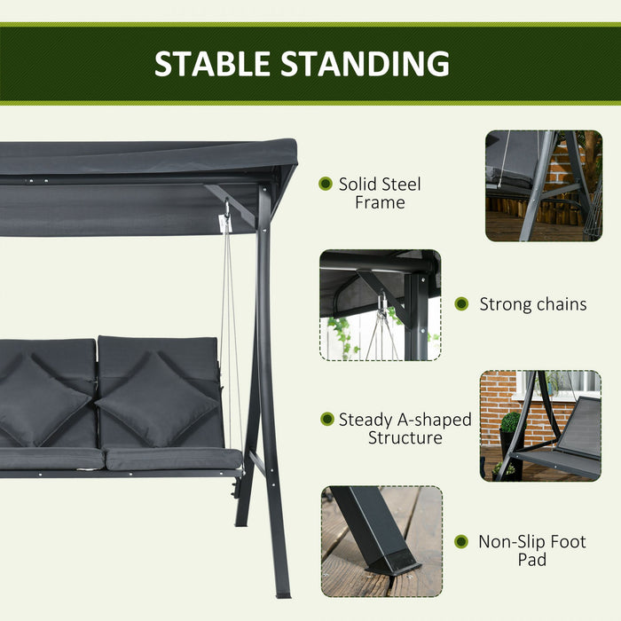 Outsunny Balancelle de patio pour 3 pers, banc d'exterieur, gris fonce