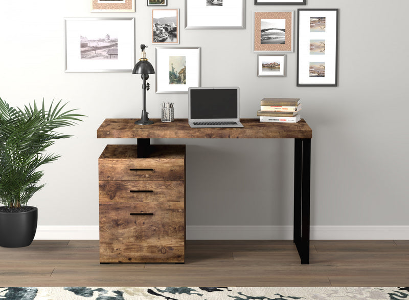 Bureau D’etude 47,25 Po Pour Bureau A Domicile Ou Salle De Jeux – Bois Recycle Brun Avec 3 Tiroirs Et Base En Metal Argente