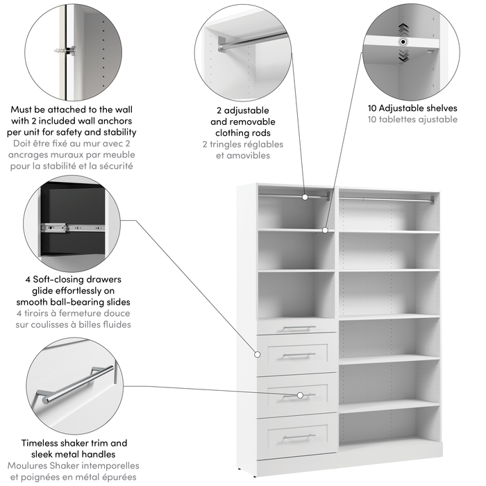 Système de garde-robe et pièce-penderie modulaire Florence de Bestar de 61 po avec tablettes et tiroirs de style Shaker - blanc