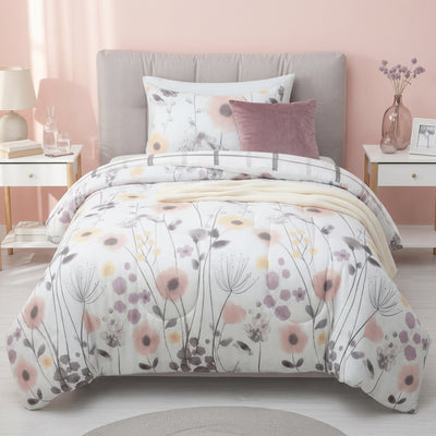 Mirabelle Twin Comforter Set - Reversible Pink & Grey Watercolor Floral Bedding  | Ensemble Douillette Simple Mirabelle - Literie Reversible a Fleurs Aquarelle Rose et Gris