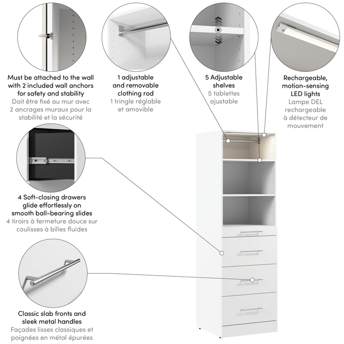 Système de tour garde-robe et pièce-penderie modulaire Florence de Bestar de 25 po avec éclairage à DEL, tablettes et 4 tiroirs de style lisse - blanche