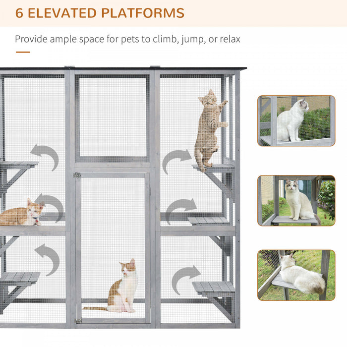 Pawhut Grand Enclos Exterieur Pour Chat, Terrasse En Bois Pour Chat Avec 6 Plates-formes Equilibrees Et Toit En Asphalte, 180 X 99 X 180 Cm, Gris