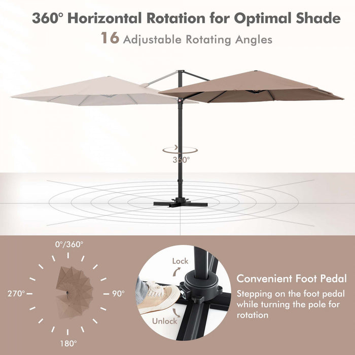 Costway Parasol suspendu carre cantilever 9,5FT avec 2 niveaux, rotation 360° pour patio exterieur couleur cafe