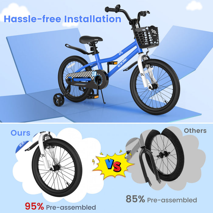 Velo Costway 18\" Pour Enfants Avec Roues D'entrainement Amovibles Et Panier Pour 4-8 Ans Bleu