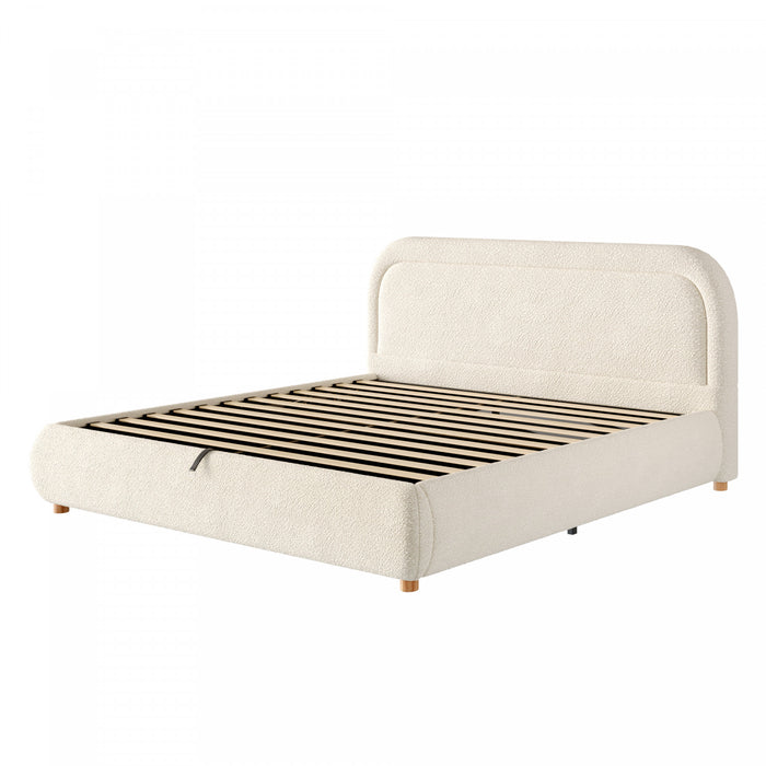 Lit plateforme Sophia avec rangement a levage hydraulique, revetement en boucle, taille queen, beige