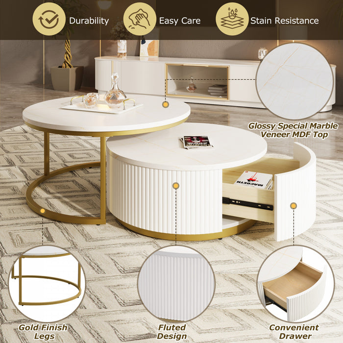 Table Basse Gigogne Moderne Sophia De 27,6\" Avec Tiroir De Rangement, Blanche