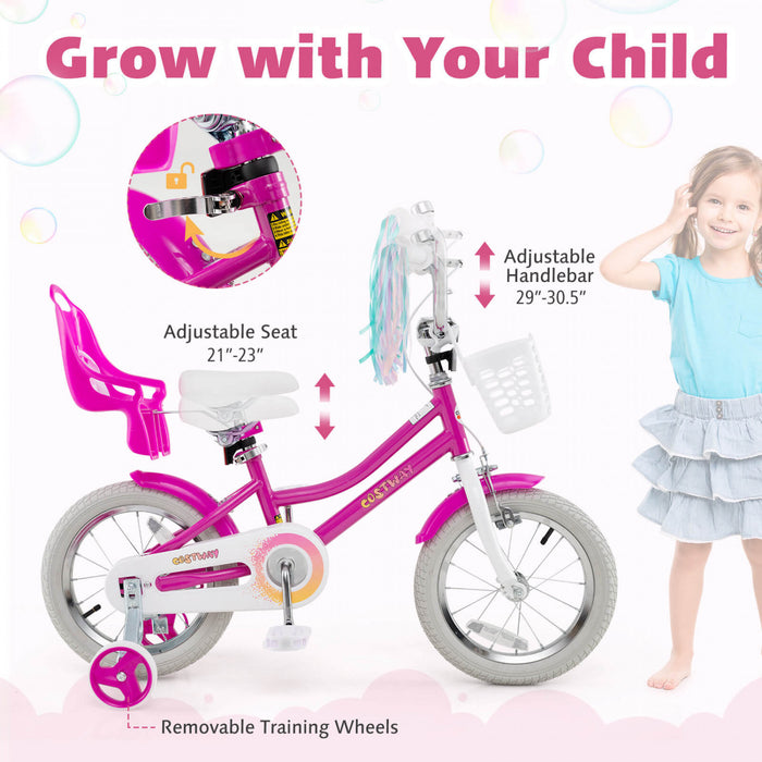Costway 14\" Velo Pour Enfants Avec Roues D'entrainement Poupee Siege Panier Streamers Frein A Main Rose