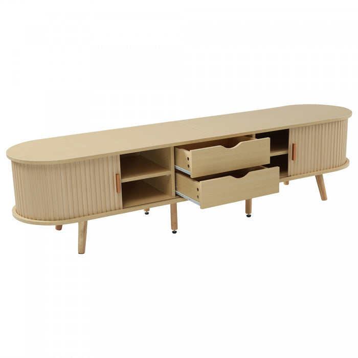 Ethan meuble TV ovale – meuble multimedia avec portes coulissantes et tiroirs, finition naturelle