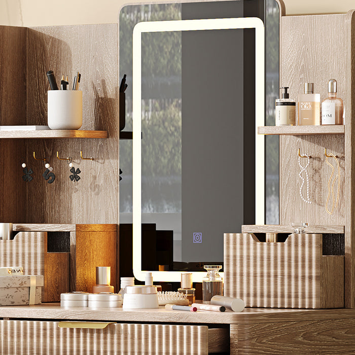 Victoria Ensemble de coiffeuse 7 tiroirs avec miroir LED et pieds en metal, Brun Jaune