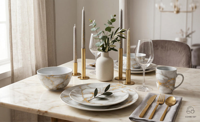 Ensemble de Vaisselle Complet 20 Pieces en Porcelaine Effet Marbre Gris et Or