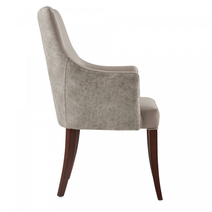 Fauteuil moderne Connie en bois, cuir vegetalien et velours taupe