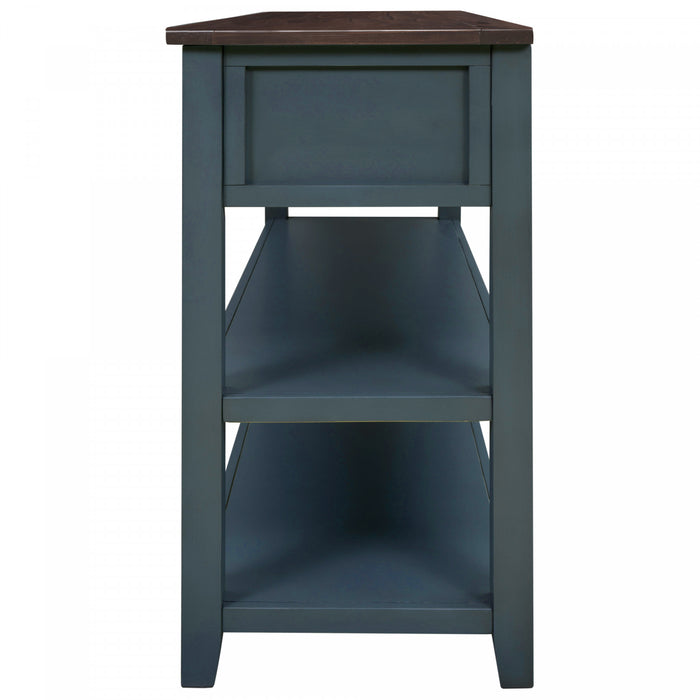 Console Wendy En Bois Massif Avec 3 Tiroirs Et 2 Etageres Ouvertes, Bleu Marine