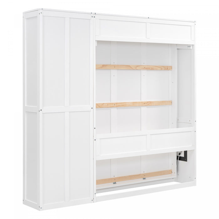 Lit Escamotable Double Jocelyn Gain De Place Avec Etageres, Blanc