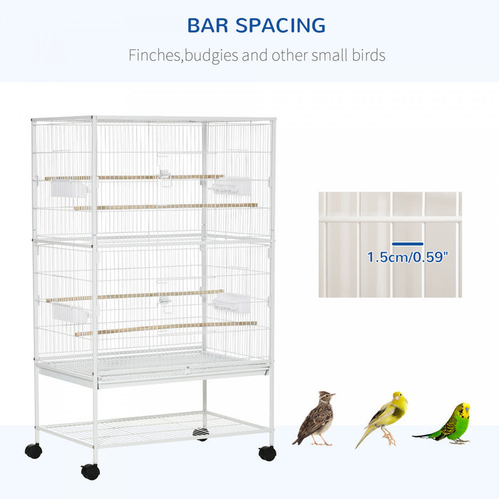 Pawhut 52\" Grande Cage A Oiseaux Roulante En Acier Avec Support Roulant, Etagere De Rangement, Perchoir En Bois, Recipient Alimentaire, Blanc