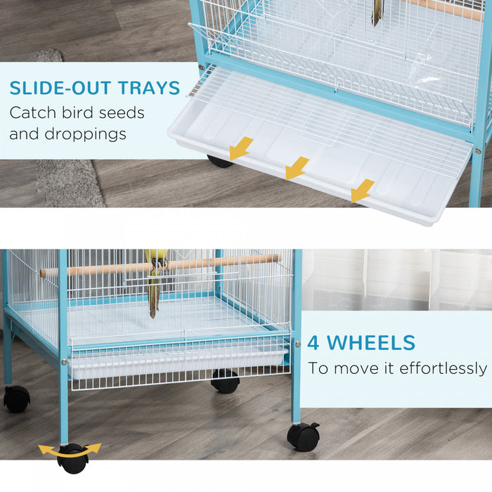 Pawhut 55 Pouces 2 En 1 Cage A Oiseaux Voliere Perruche Maison Pour Pinsons, Perruches Avec Roues, Plateaux Coulissants, Perchoir En Bois, Recipients Alimentaires, Bleu Clair