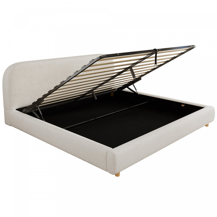 Lit plateforme Laurel avec coffre de rangement a levage hydraulique, tapisserie bouclee et espace de rangement cache sous le lit, taille King, blanc