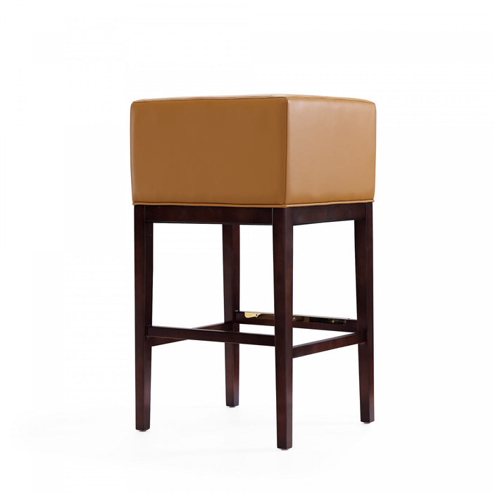 Tabouret de bar Kingsley style moderne du milieu du siecle en bois et tissu couleur camel - Lot de 3