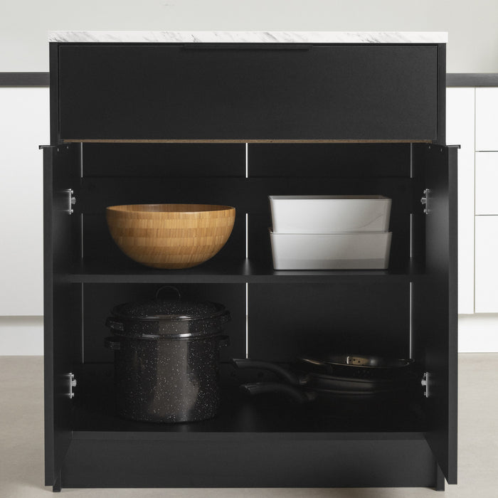 Îlot de cuisine compact Olio avec rangement - noir mat et imitation de marbre blanc