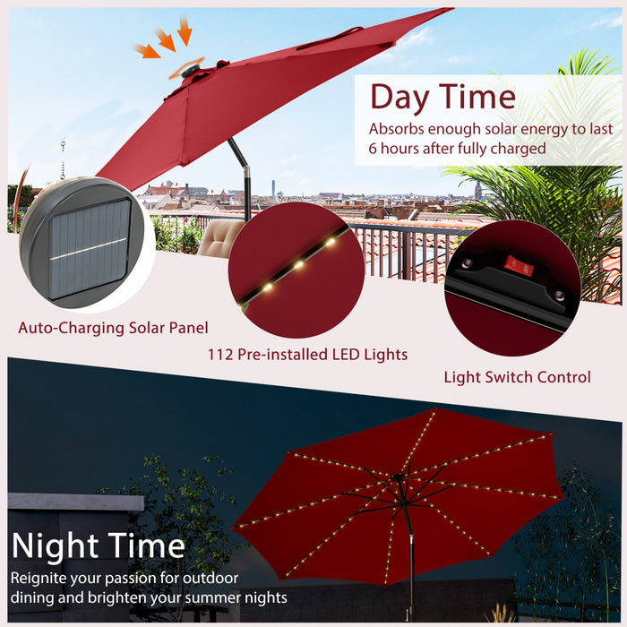 Costway Parasol de table de patio 10 FT avec 112 LED solaire, inclinaison avec manivelle, exterieur couleur vin