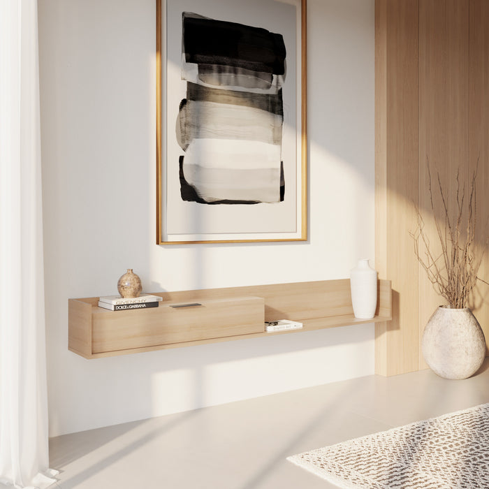Meuble pour téléviseur mural mince Nordika de 72 po avec armoire de rangement - chêne blond naturel