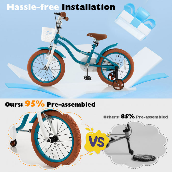 Costway 16 \"enfants Velo Tout-petit Velo Reglable Avec Roue D'entrainement Pour 4-7 Ans