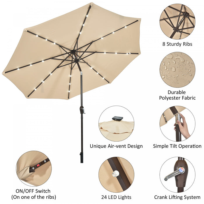 Costway Parasol de marche solaire LED de 10 pieds avec reglage d'inclinaison et manivelle, beige
