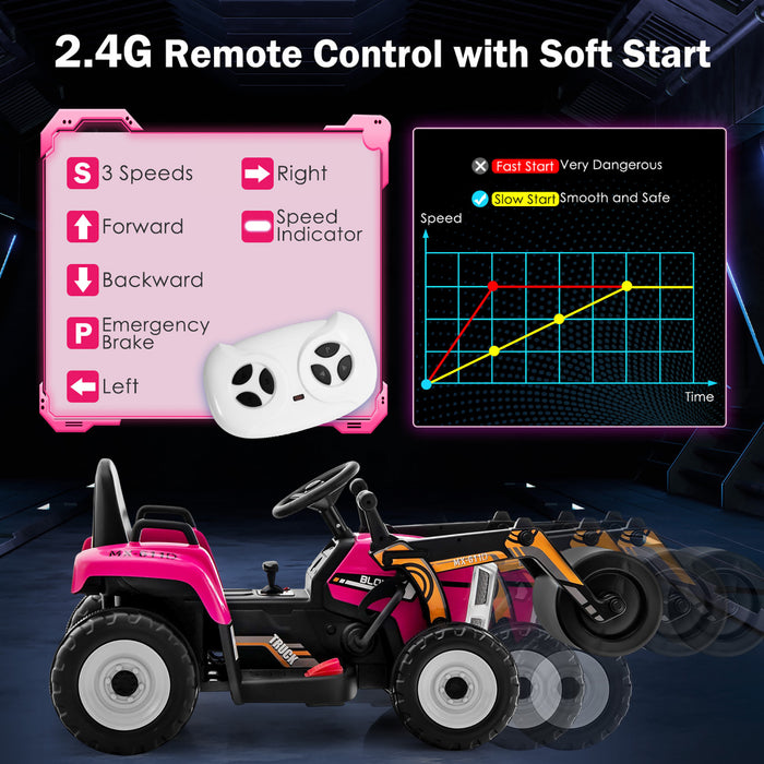 Costway Enfants Rouler Sur Route Rouleau 12v Tracteur Electrique A Distance W / Musique & Led Rose Clair