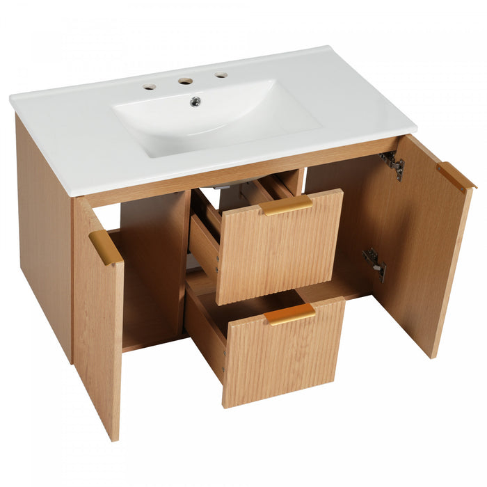 Aiden meuble de salle de bain mural 36 pouces avec rangement a fermeture douce et vasque en ceramique, bois