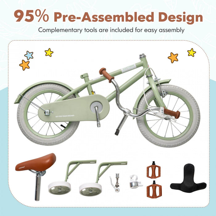 Costway 12\" Velo Pour Enfants Avec Guidon De Selle Reglable Roues D'entrainement Amovibles Frein A Main Vert