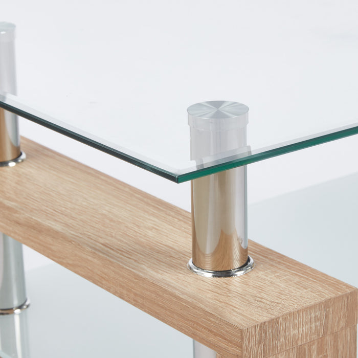 Table basse moderne Lucius au design geometrique en verre trempe avec cadre en metal et verre transparent, naturel