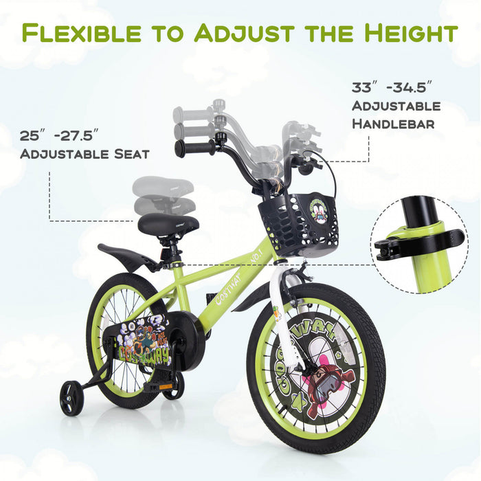 Costway 18\" Velo Pour Enfants Pour 4-8 Avec Guidon Reglable En Hauteur Et Frein A Main En Selle Vert