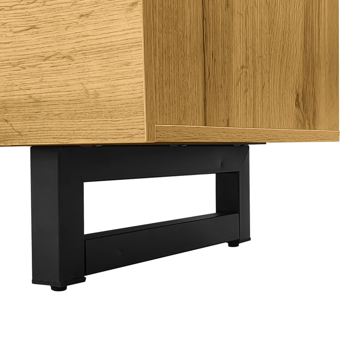Meuble Tv Moderne Dominic Avec Pieds Metalliques En U, 3 Portes Et 2 Compartiments, Noir/bois Naturel